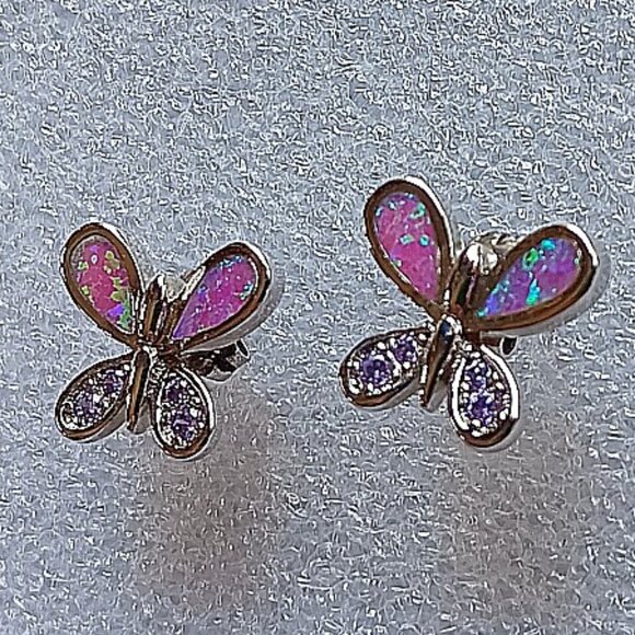 New - Butterfly With Pink Fire Opal and Amethyst Silver Stud Earrings - Picture 1 of 7
